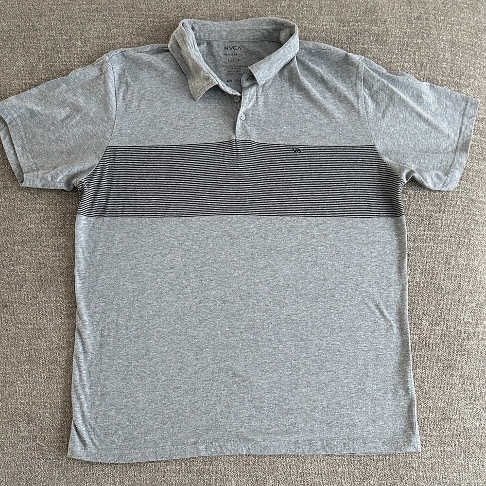 RVCA Heather Gray Polo with Dark Stripes. Size L